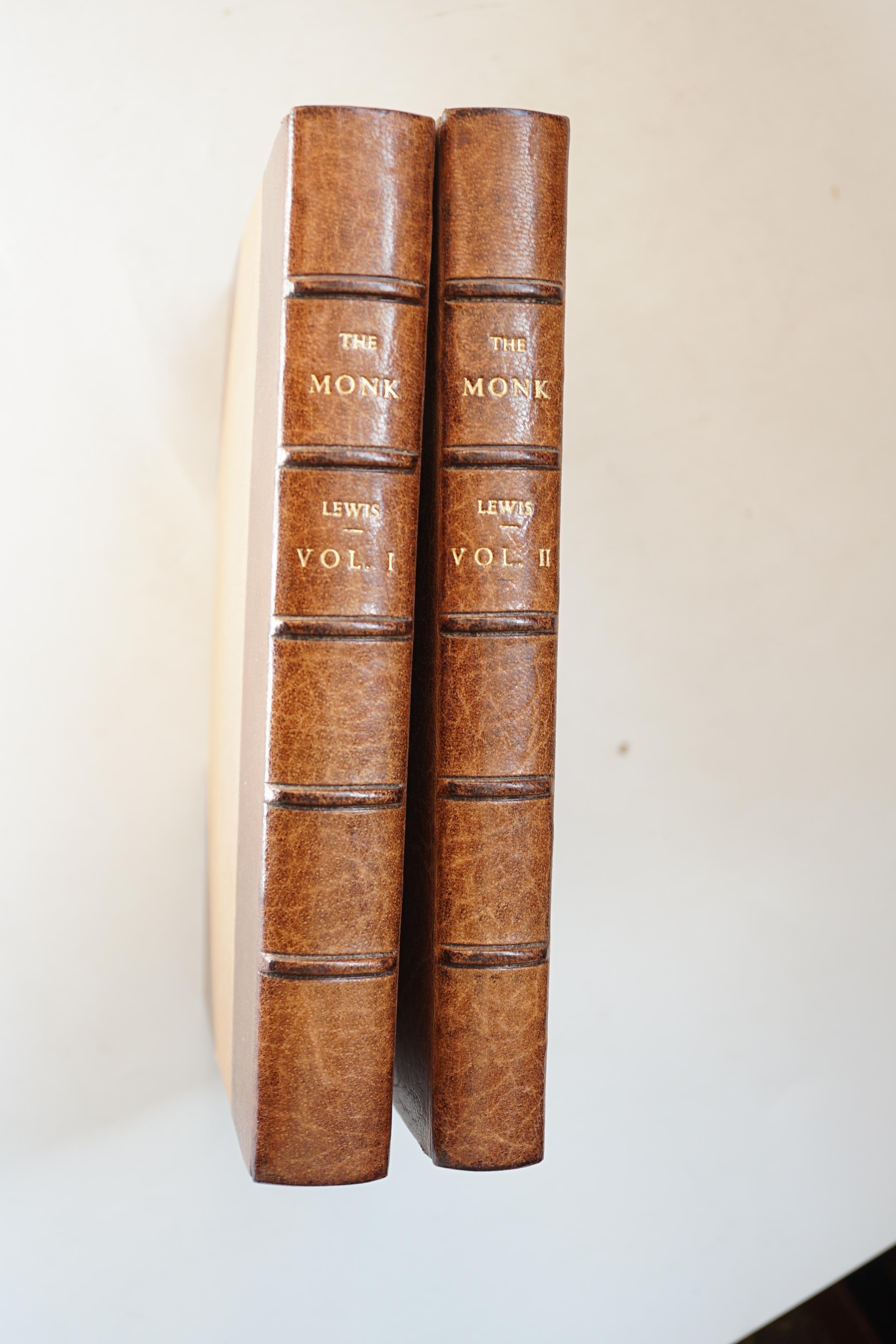 Lewis, Matthew G. - The Monk. A Romance, 2 vols, 8vo, half tan morocco, portrait frontispiece, ‘’The present edition of ‘’The Monk’’ is an unabridged reprint of the exceedingly rare first edition of the work published in